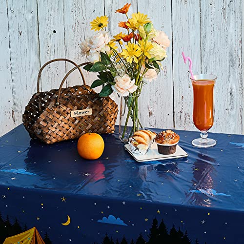 Breling 4-Pack Rectangular Plastic Camping Tablecloths – Waterproof Picnic and Party Table Covers with Campfire Design