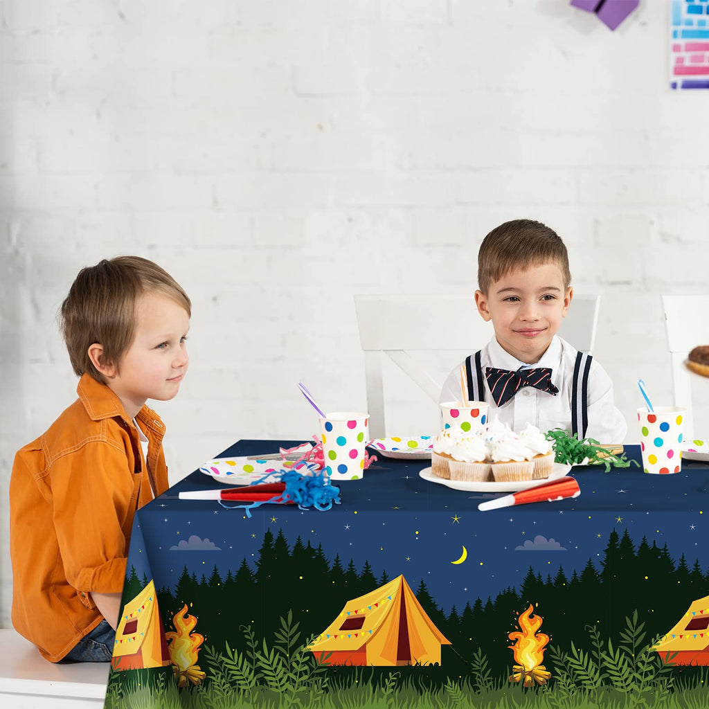 Breling 4-Pack Rectangular Plastic Camping Tablecloths – Waterproof Picnic and Party Table Covers with Campfire Design