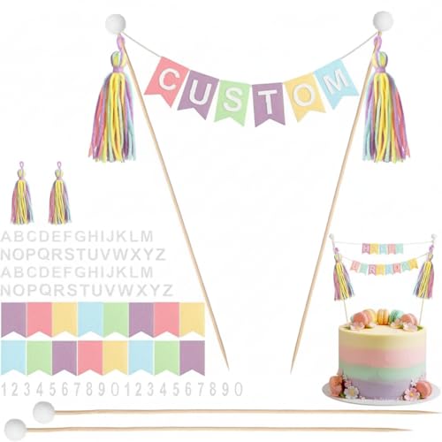 Breling Custom Cake Banner Topper Set - 90 Pieces Pastel Colors for Birthday Wedding Anniversary