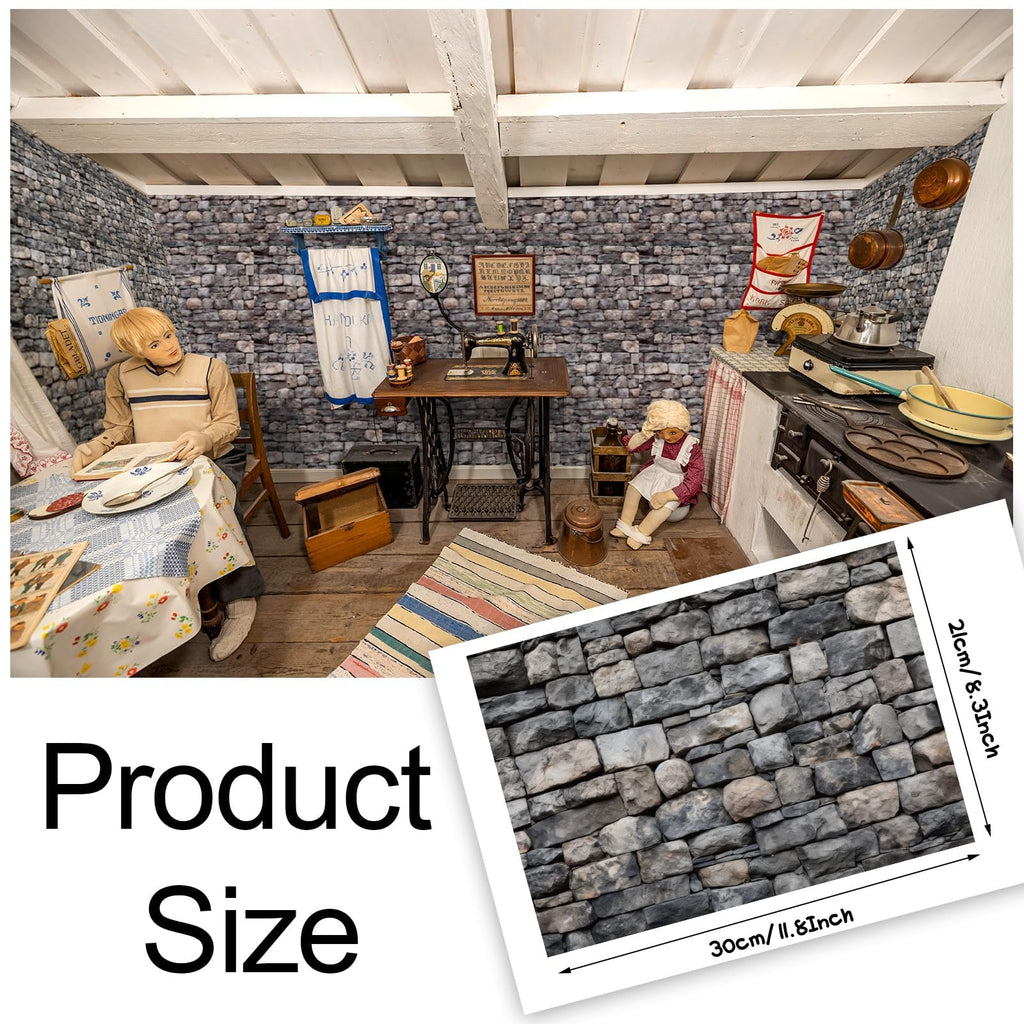 Brick Gray Dollhouse Wallpaper - 35 Self-Adhesive Sheets for Miniature Rooms