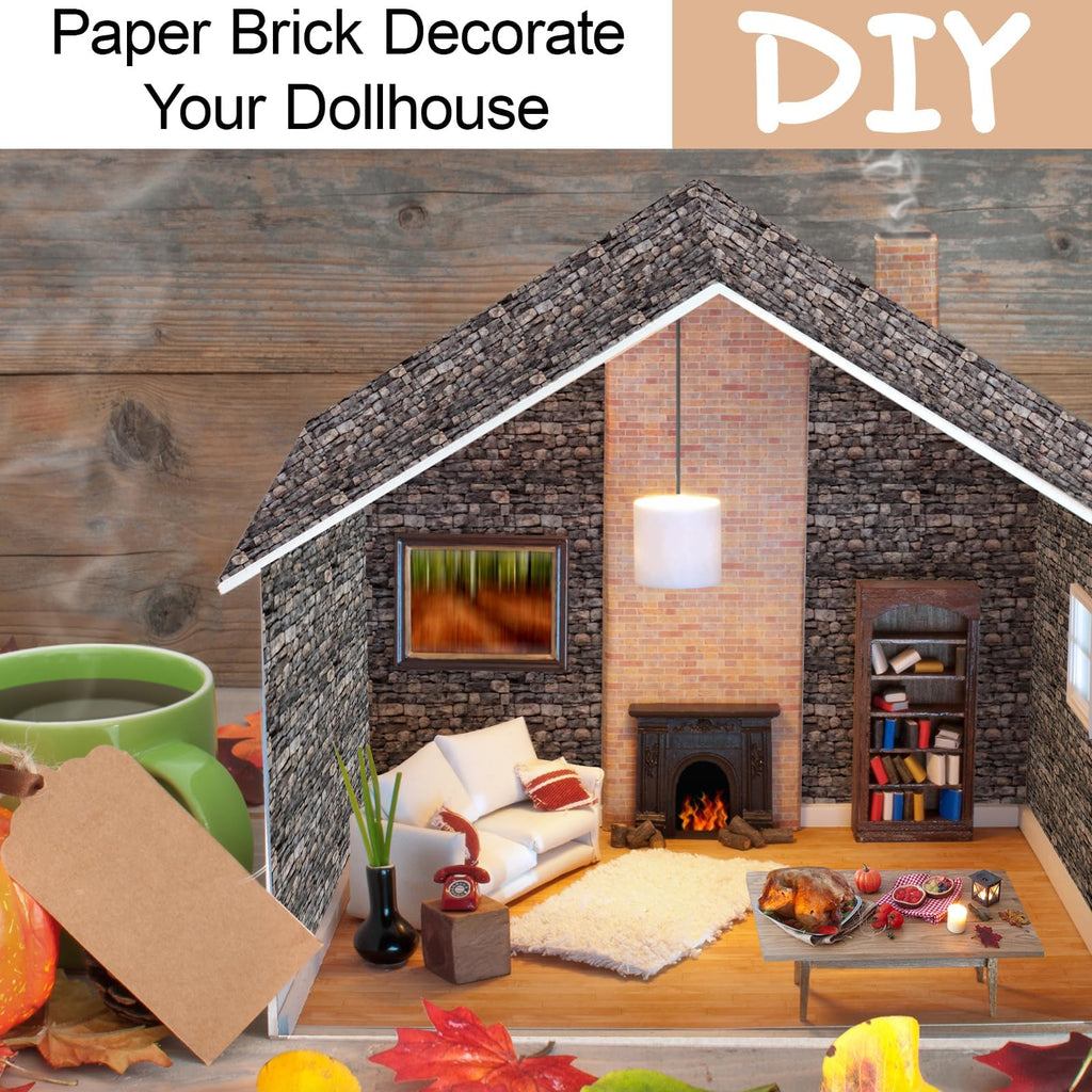 Brick Gray Dollhouse Wallpaper - 35 Self-Adhesive Sheets for Miniature Rooms