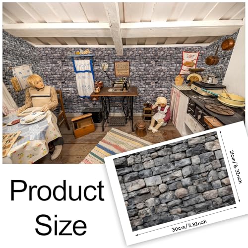 Brick Gray Dollhouse Wallpaper - 35 Self-Adhesive Sheets for Miniature Rooms