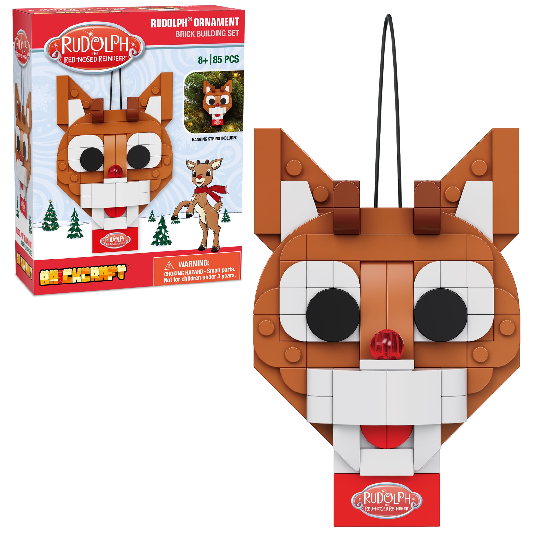 Brickcraft Rudolph the Red-Nosed Reindeer 85-Piece Brick Ornament Set with Hanging String – Christmas Tree Decoration, Ages 8+
