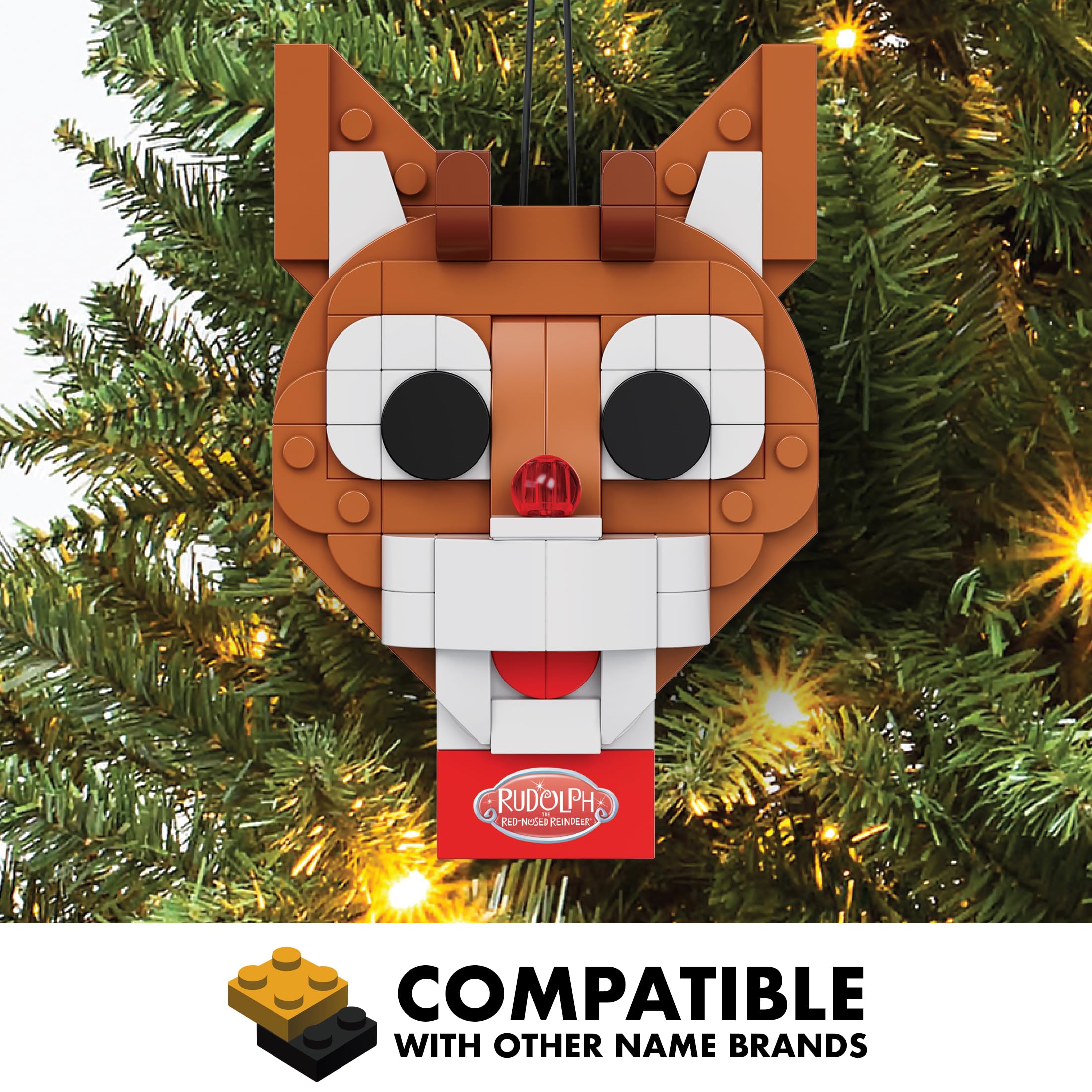 Brickcraft Rudolph the Red-Nosed Reindeer 85-Piece Brick Ornament Set with Hanging String – Christmas Tree Decoration, Ages 8+