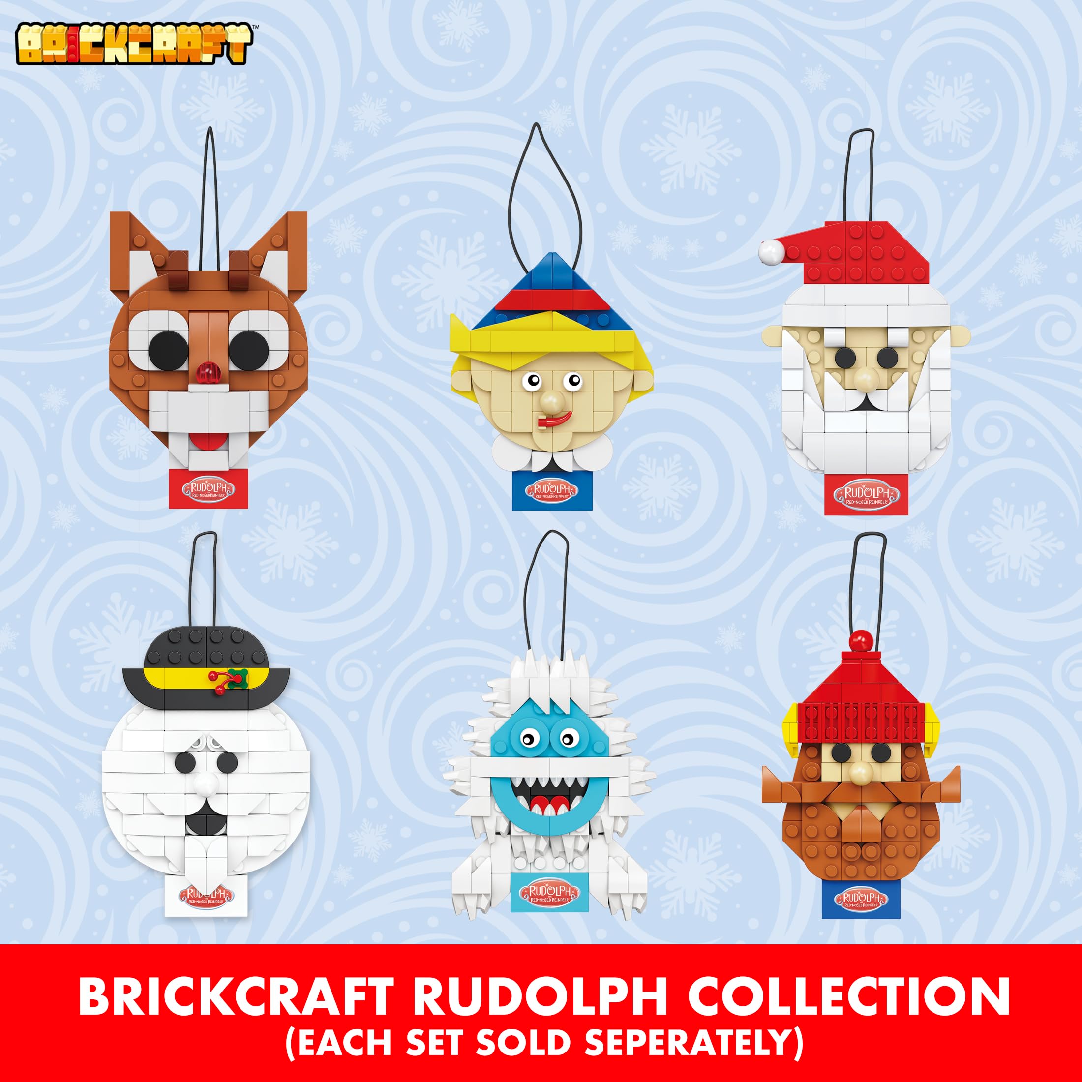 Brickcraft Rudolph the Red-Nosed Reindeer 85-Piece Brick Ornament Set with Hanging String – Christmas Tree Decoration, Ages 8+