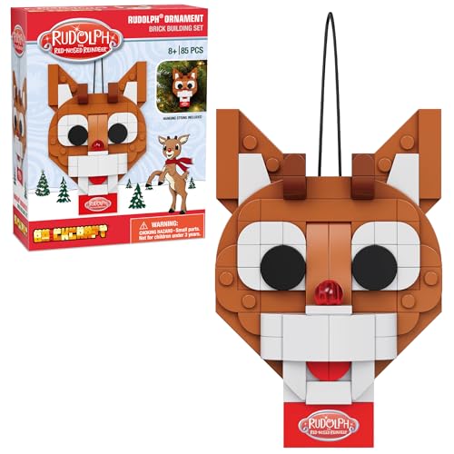 Brickcraft Rudolph the Red-Nosed Reindeer 85-Piece Brick Ornament Set with Hanging String – Christmas Tree Decoration, Ages 8+