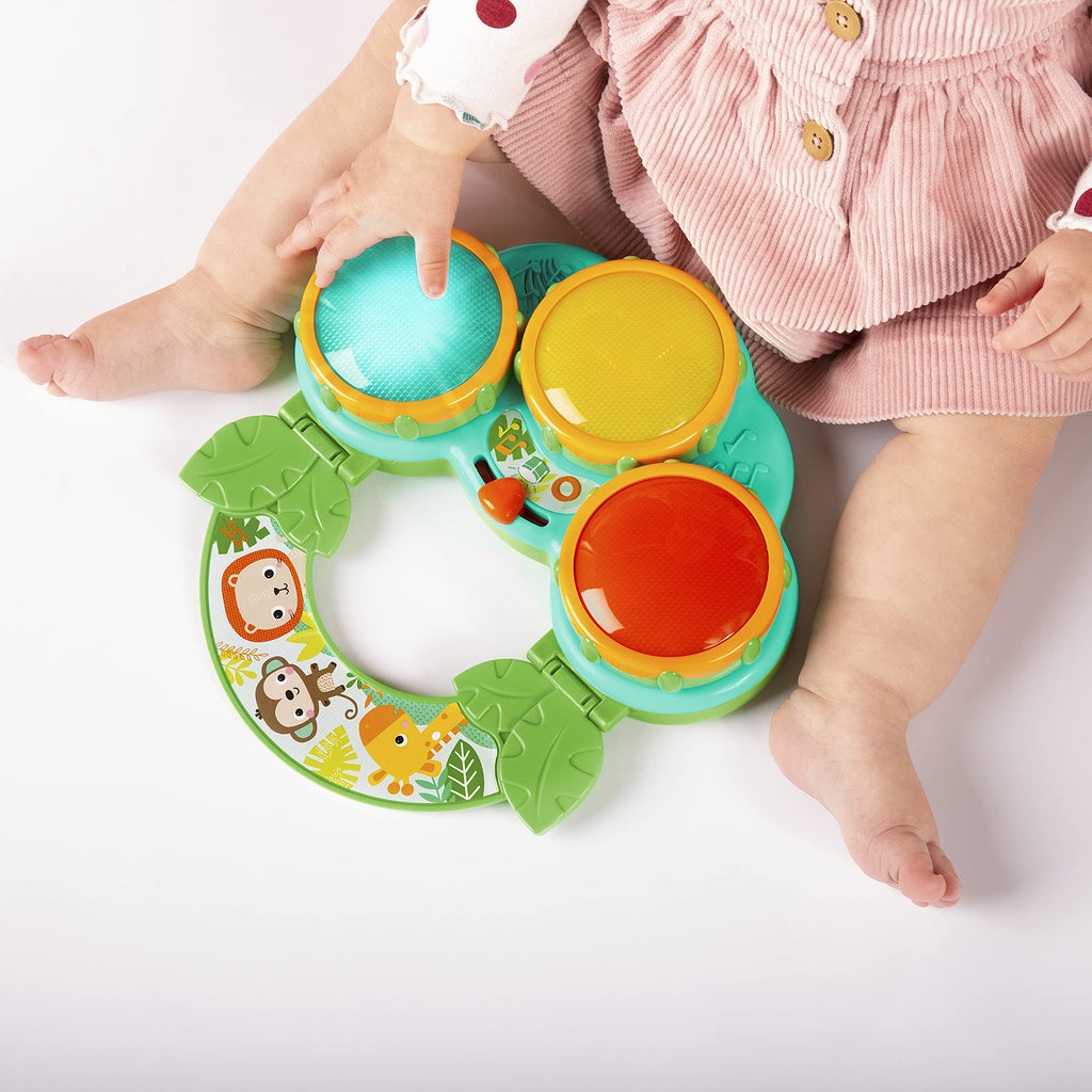Bright Starts Safari Beats Musical Drum with Lights – 2 Modes, 3 Drums, Portable