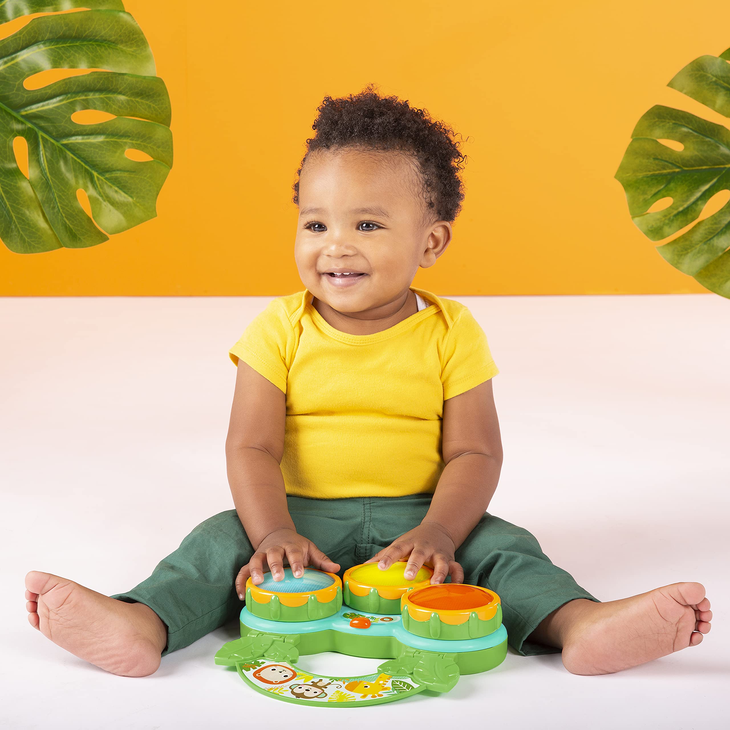 Bright Starts Safari Beats Musical Drum with Lights – 2 Modes, 3 Drums, Portable