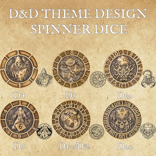 Bronze Metal Spinner Dice Set – 7-in-1 Polyhedral RPG Dice for D&D and TTRPGs