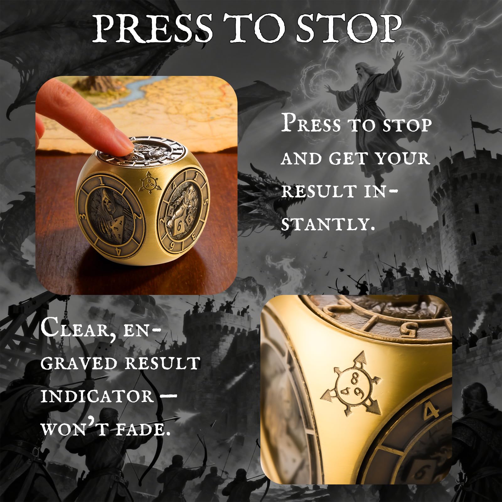 Bronze Metal Spinner Dice Set – 7-in-1 Polyhedral RPG Dice for D&D and TTRPGs