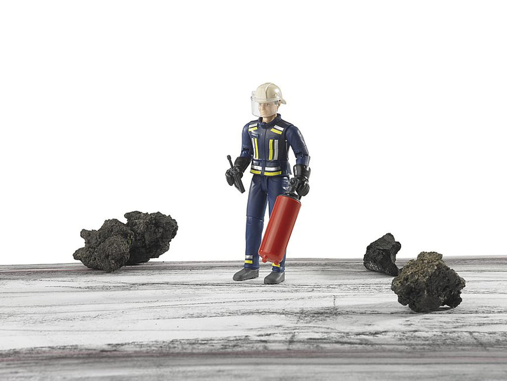 Bruder bworld Fireman Action Figure with Helmet, Radio & Fire Extinguisher – 4.2" ABS Plastic