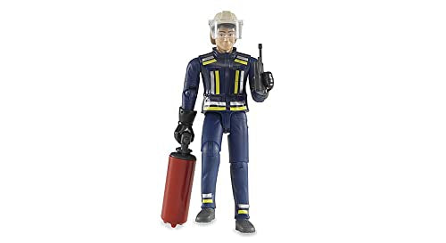 Bruder bworld Fireman Action Figure with Helmet, Radio & Fire Extinguisher – 4.2" ABS Plastic