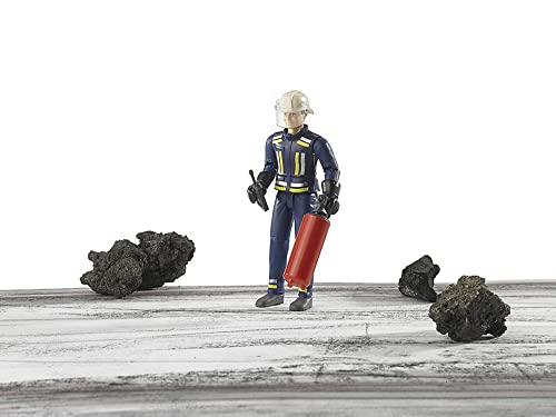 Bruder bworld Fireman Action Figure with Helmet, Radio & Fire Extinguisher – 4.2" ABS Plastic
