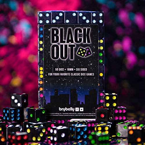 Brybelly Blackout Dice 50-Pack: 16mm Neon Pips Dice, 10 Color Sets for Liar's Dice, Farkle & More