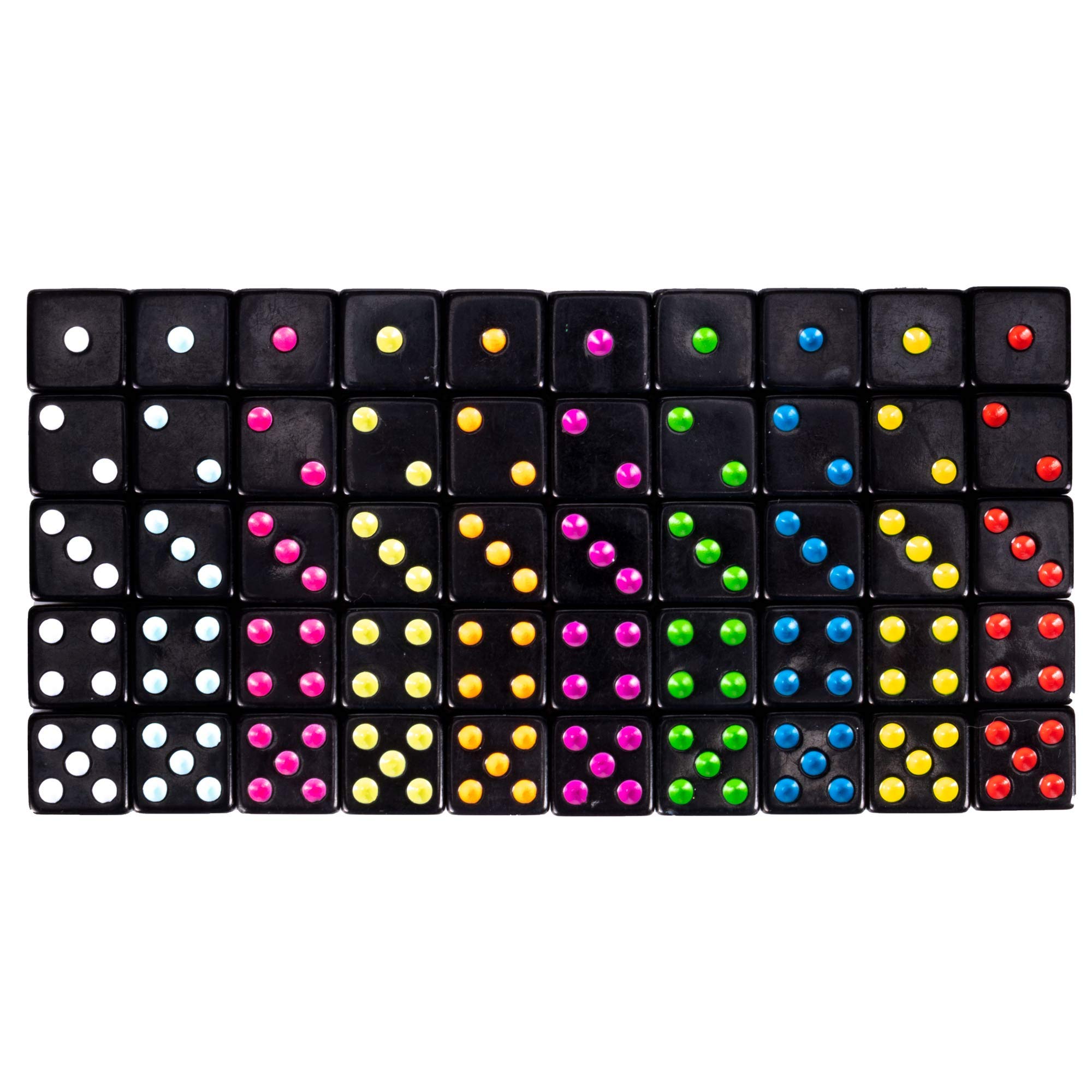 Brybelly Blackout Dice 50-Pack: 16mm Neon Pips Dice, 10 Color Sets for Liar's Dice, Farkle & More