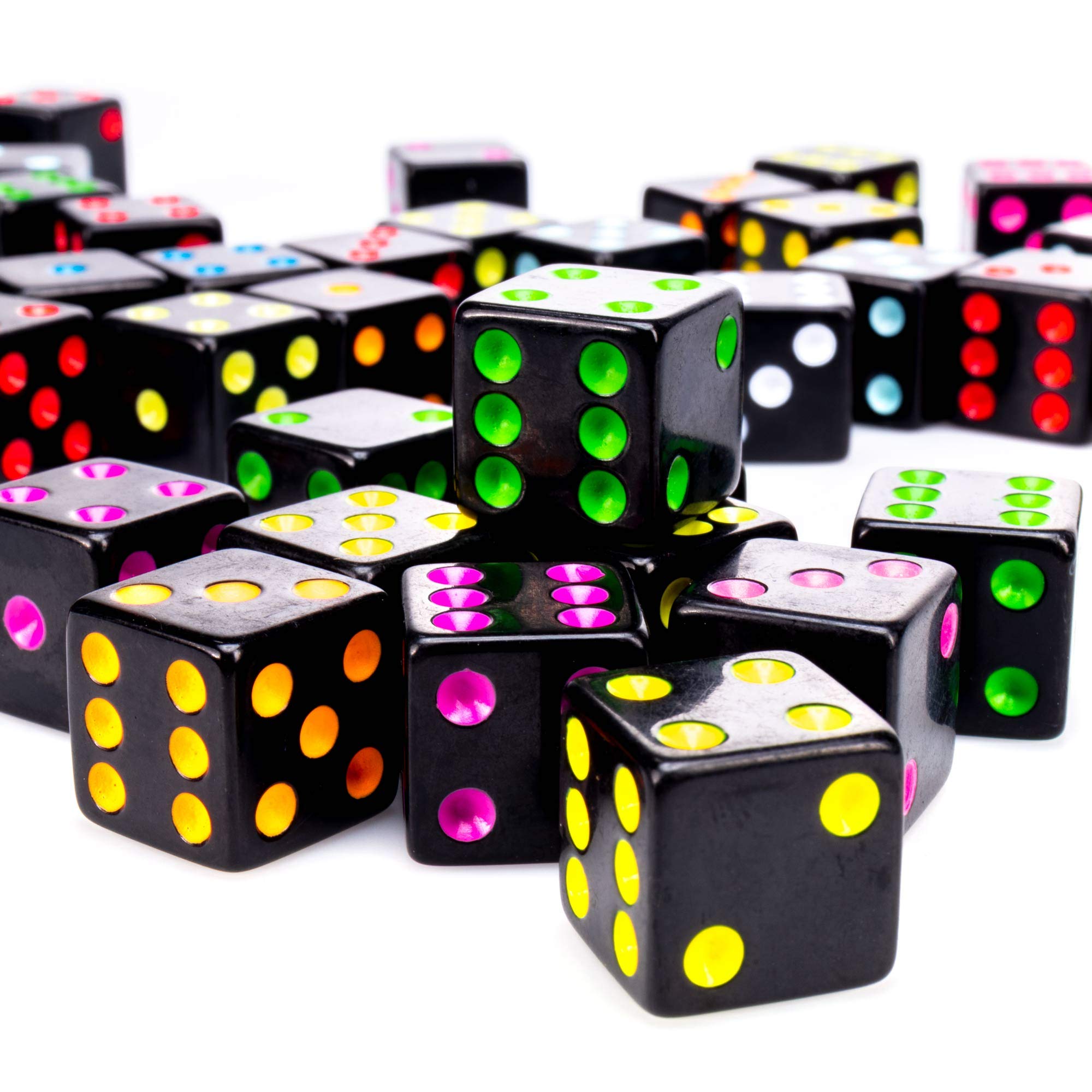 Brybelly Blackout Dice 50-Pack: 16mm Neon Pips Dice, 10 Color Sets for Liar's Dice, Farkle & More