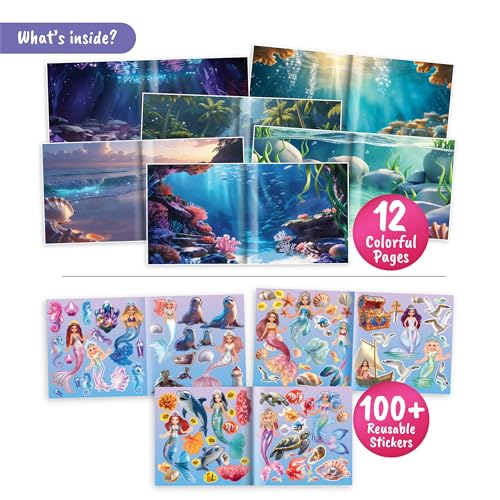 BSCOOL Mermaid Kingdom Reusable Sticker Book for Girls Ages 4-6 | Over 100 Stickers | Portable Travel Activity