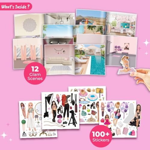 BSCOOL Sticker Activity Book for Toddlers - 100+ Fashion Stickers, 12 Glam Scenes, Ages 4-10, Travel Essential