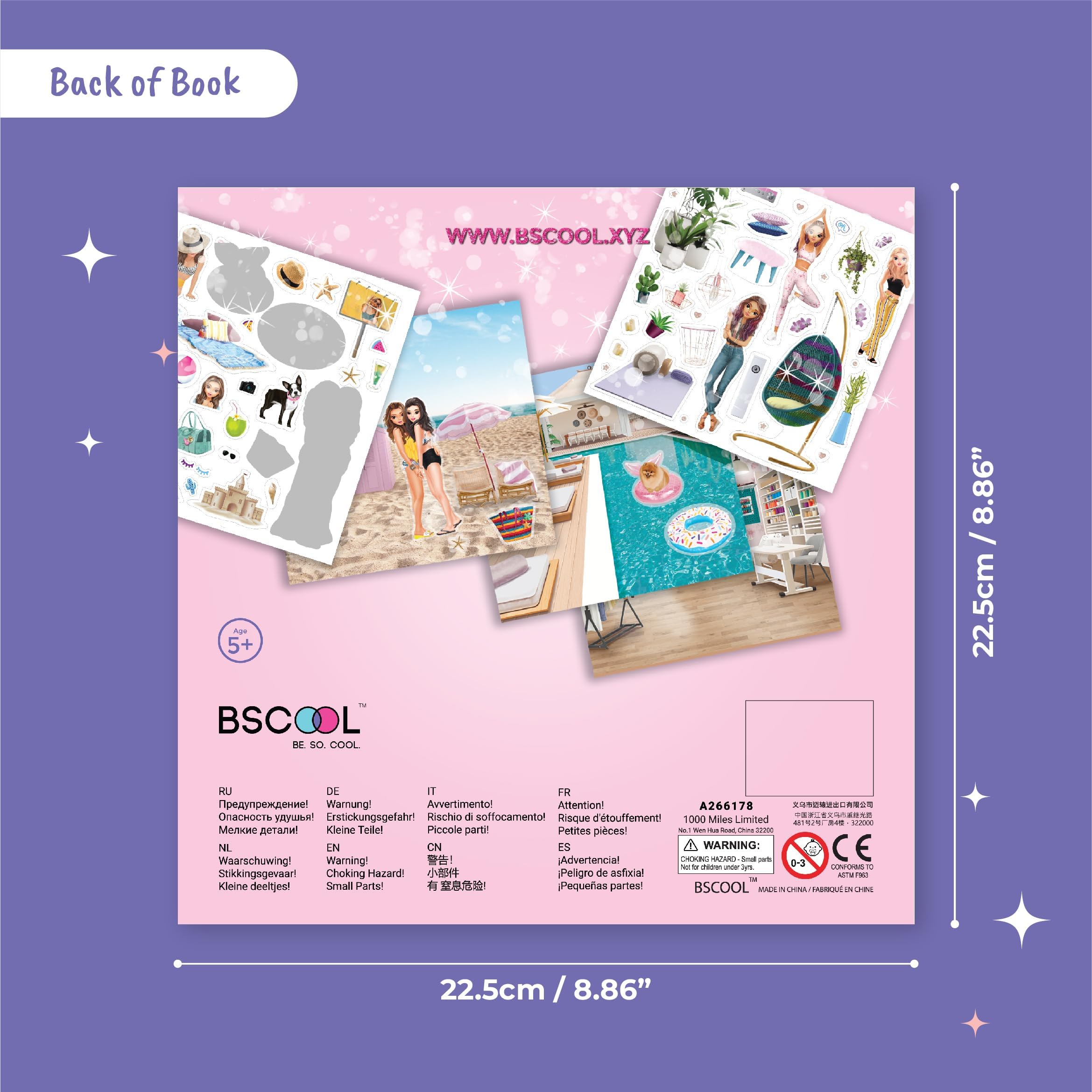 BSCOOL Sticker Activity Book for Toddlers - 100+ Fashion Stickers, 12 Glam Scenes, Ages 4-10, Travel Essential