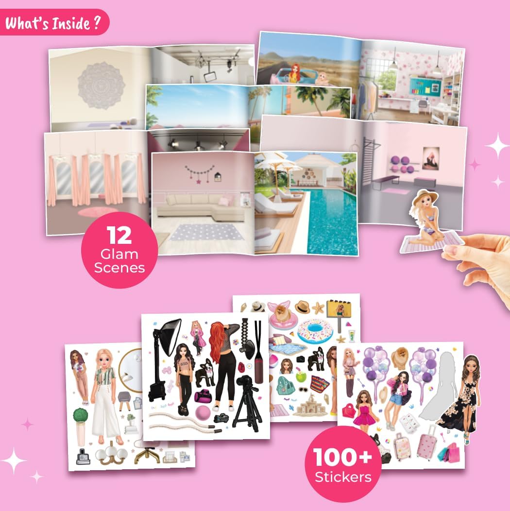 BSCOOL Sticker Activity Book for Toddlers - 100+ Fashion Stickers, 12 Glam Scenes, Ages 4-10, Travel Essential