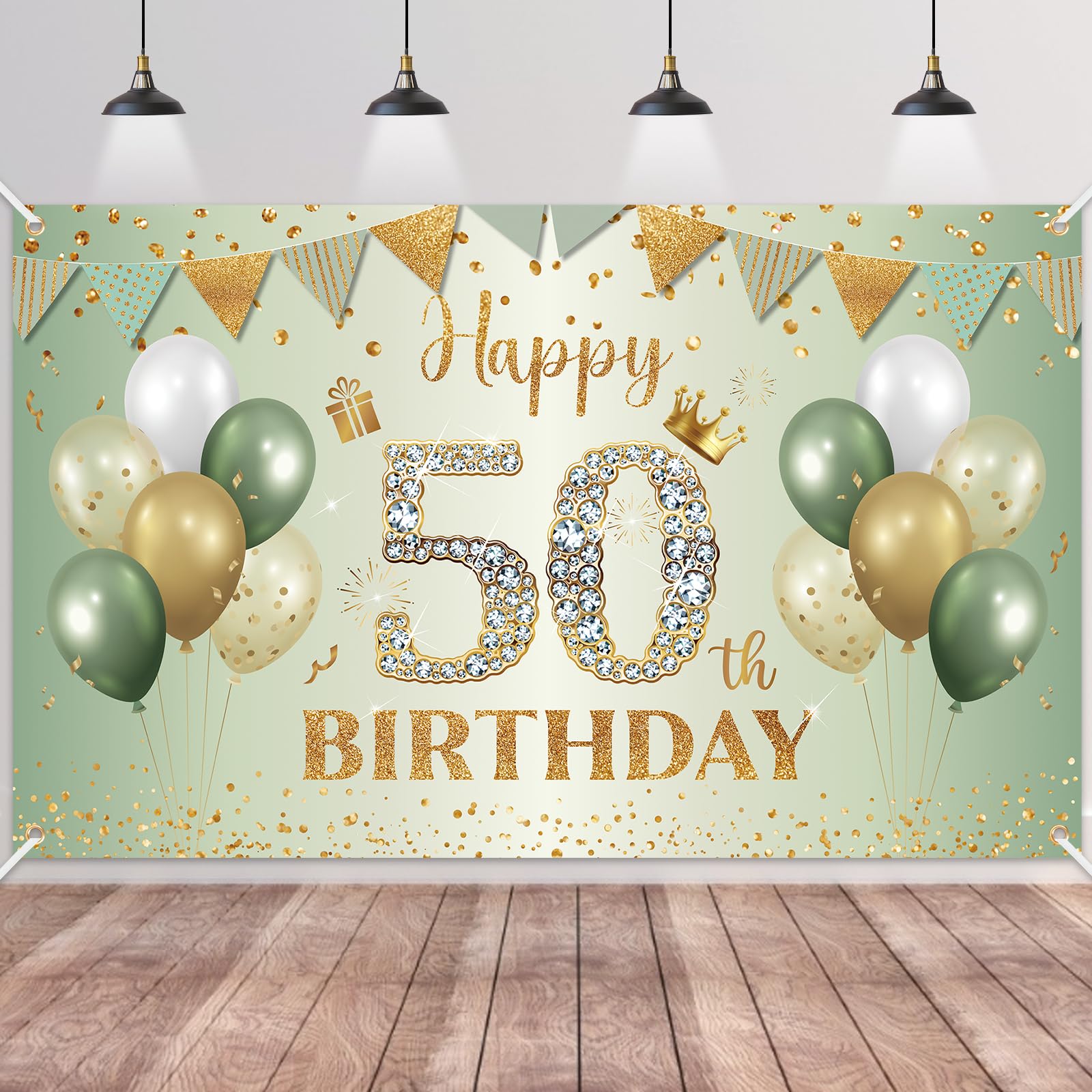 BTZO 50th Birthday Banner Sage Green Gold - 70x43 Inch Fabric Backdrop for Party Decorations
