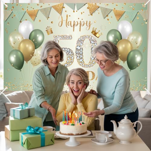 BTZO 50th Birthday Banner Sage Green Gold - 70x43 Inch Fabric Backdrop for Party Decorations