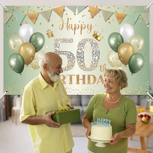 BTZO 50th Birthday Banner Sage Green Gold - 70x43 Inch Fabric Backdrop for Party Decorations
