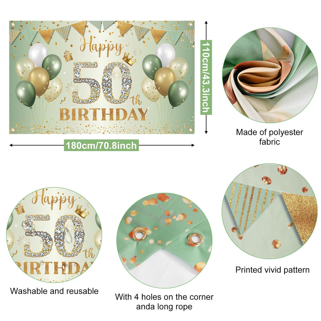 BTZO 50th Birthday Banner Sage Green Gold - 70x43 Inch Fabric Backdrop for Party Decorations