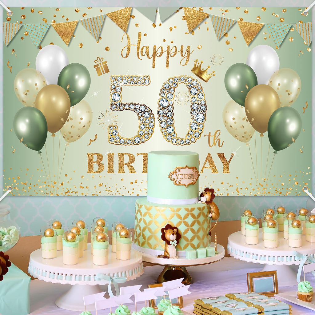 BTZO 50th Birthday Banner Sage Green Gold - 70x43 Inch Fabric Backdrop for Party Decorations