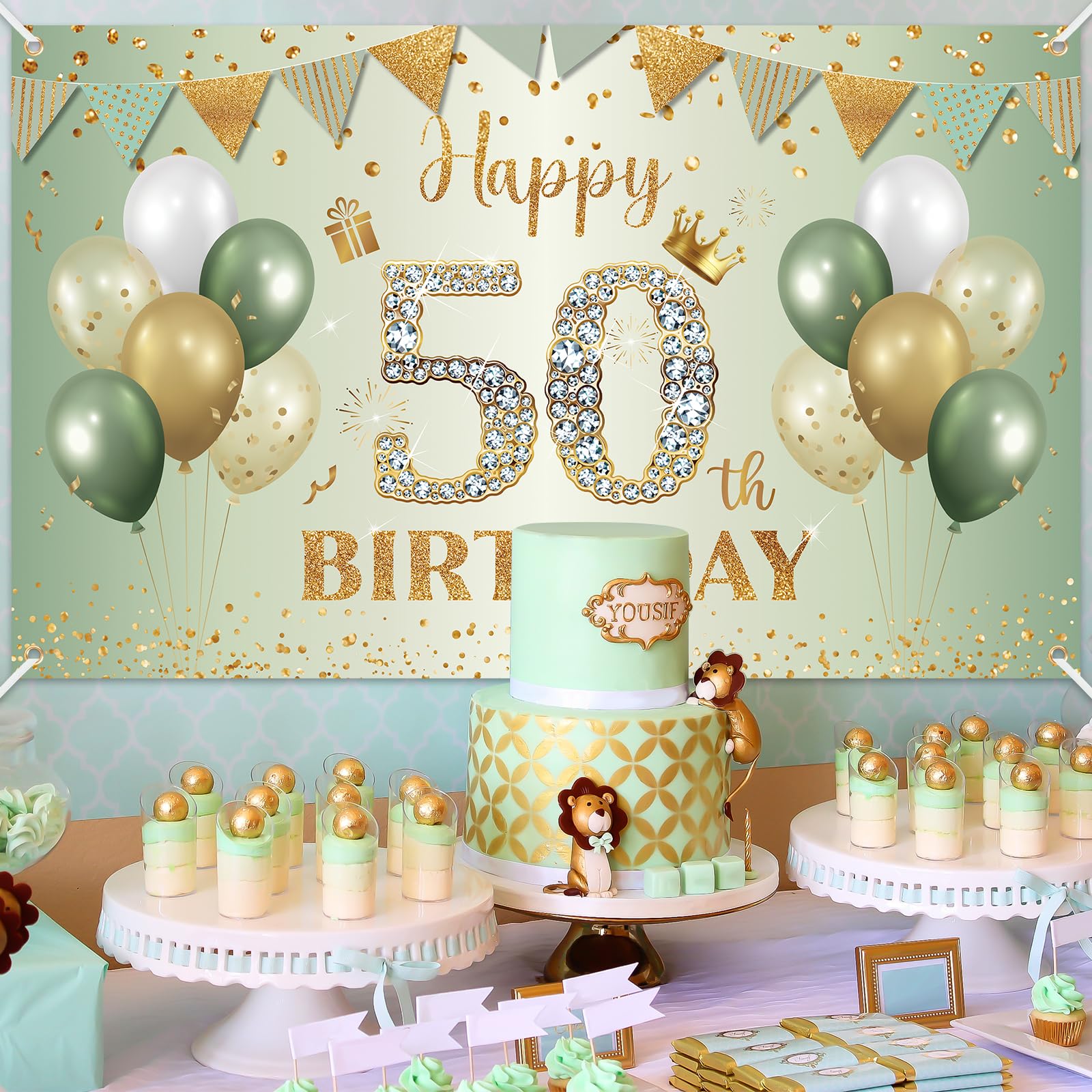 BTZO 50th Birthday Banner Sage Green Gold - 70x43 Inch Fabric Backdrop for Party Decorations