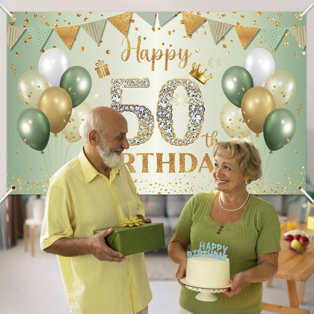 BTZO 50th Birthday Banner Sage Green Gold - 70x43 Inch Fabric Backdrop for Party Decorations