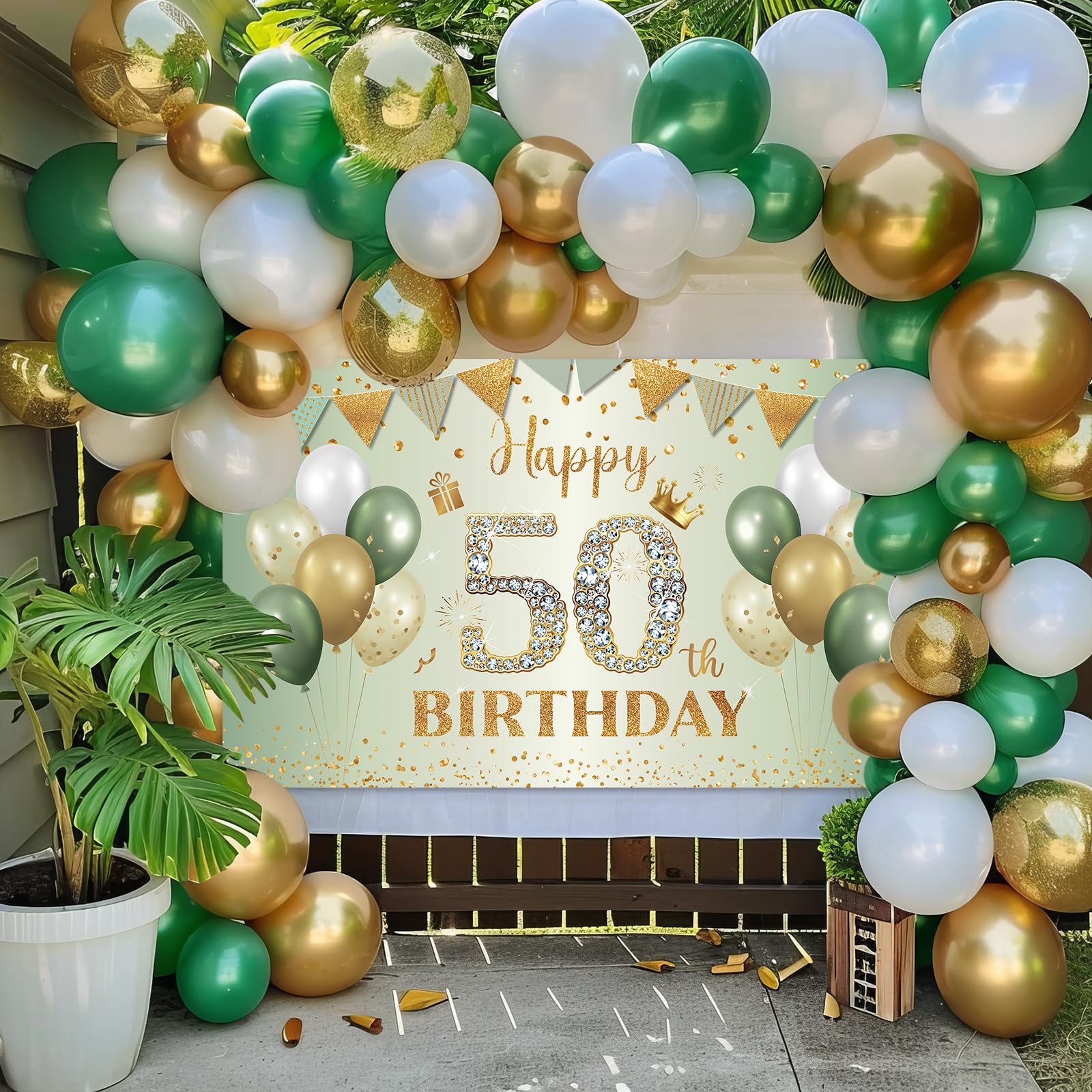 BTZO 50th Birthday Banner Sage Green Gold - 70x43 Inch Fabric Backdrop for Party Decorations