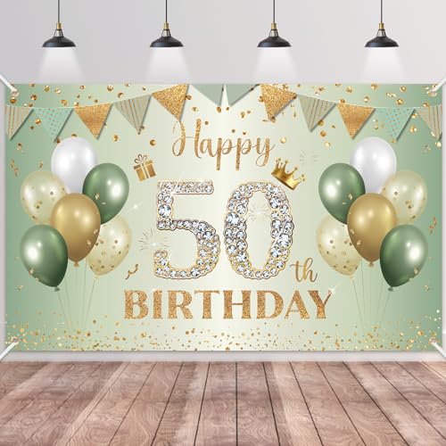 BTZO 50th Birthday Banner Sage Green Gold - 70x43 Inch Fabric Backdrop for Party Decorations