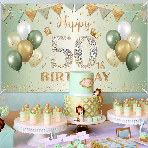 BTZO 50th Birthday Banner Sage Green Gold - 70x43 Inch Fabric Backdrop for Party Decorations
