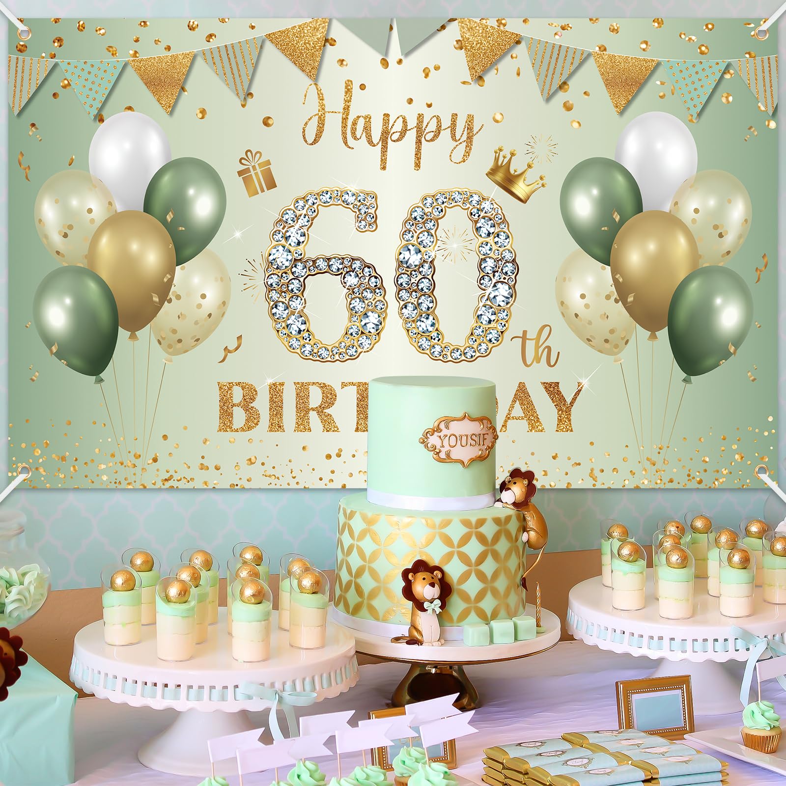 BTZO 60th Birthday Banner Sage Green Gold - Fabric Backdrop for Men Women Party Decor