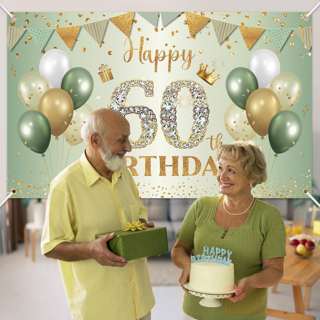 BTZO 60th Birthday Banner Sage Green Gold - Fabric Backdrop for Men Women Party Decor