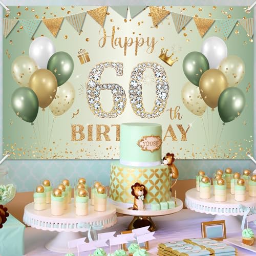 BTZO 60th Birthday Banner Sage Green Gold - Fabric Backdrop for Men Women Party Decor