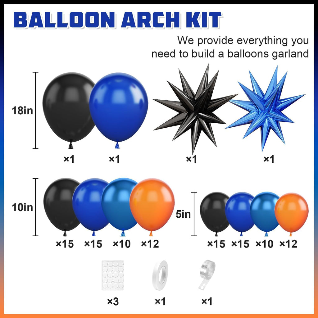 BTZO Black Orange Blue Balloon Arch Kit – 108 Piece Royal Blue Balloon Garland with Star Foil Balloons for Birthday Graduation Basketball Parties