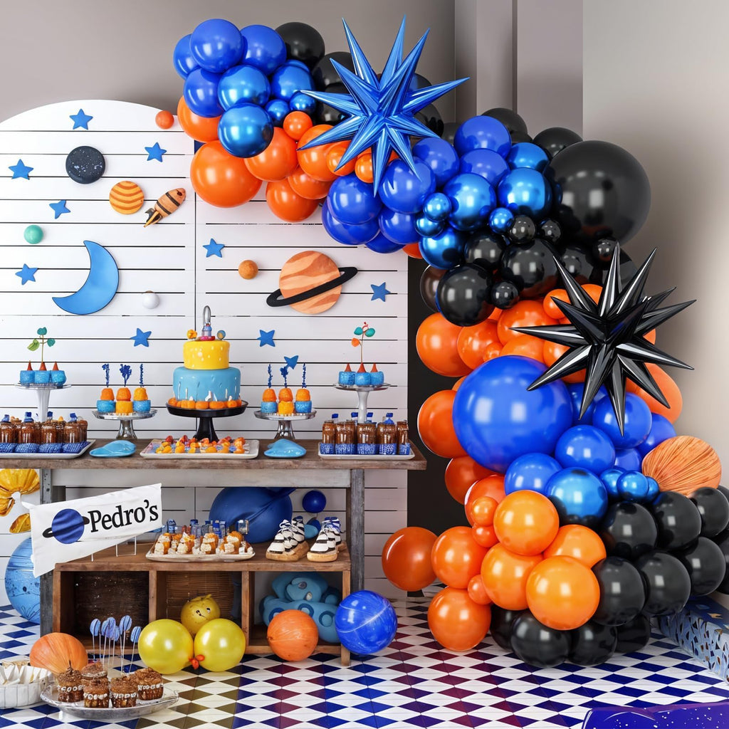 BTZO Black Orange Blue Balloon Arch Kit – 108 Piece Royal Blue Balloon Garland with Star Foil Balloons for Birthday Graduation Basketball Parties