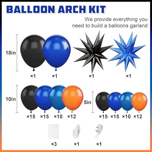 BTZO Black Orange Blue Balloon Arch Kit – 108 Piece Royal Blue Balloon Garland with Star Foil Balloons for Birthday Graduation Basketball Parties