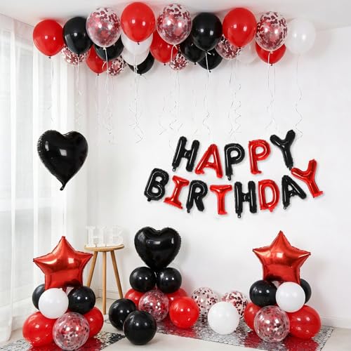 BTZO Black Red Birthday Decorations - 25 Balloons, Star & Heart Foils, Happy Birthday Banner