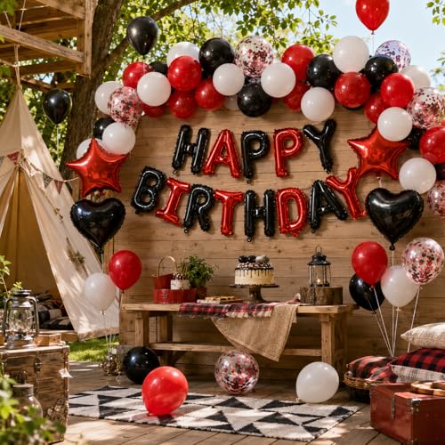 BTZO Black Red Birthday Decorations - 25 Balloons, Star & Heart Foils, Happy Birthday Banner