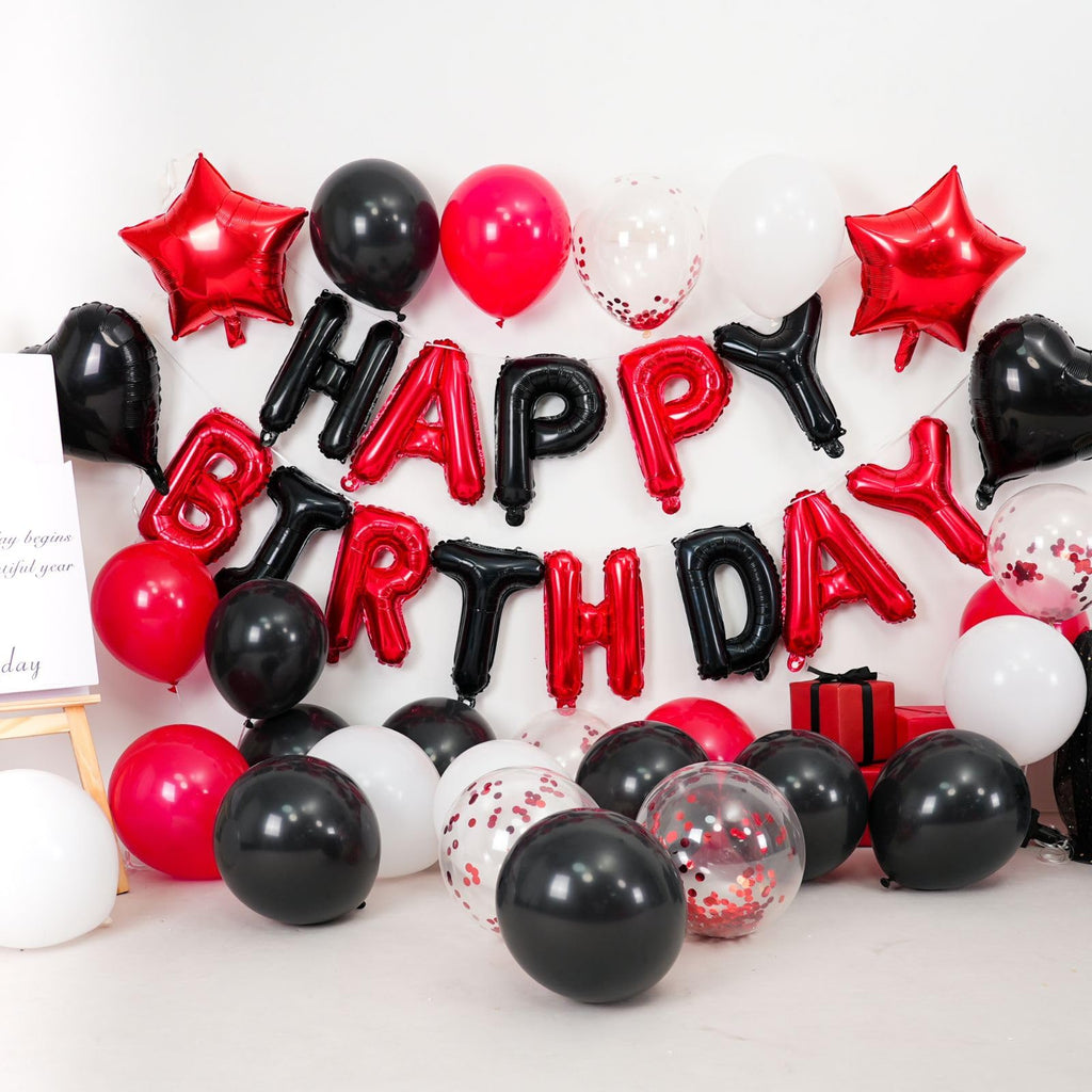BTZO Black Red Birthday Decorations - 25 Balloons, Star & Heart Foils, Happy Birthday Banner