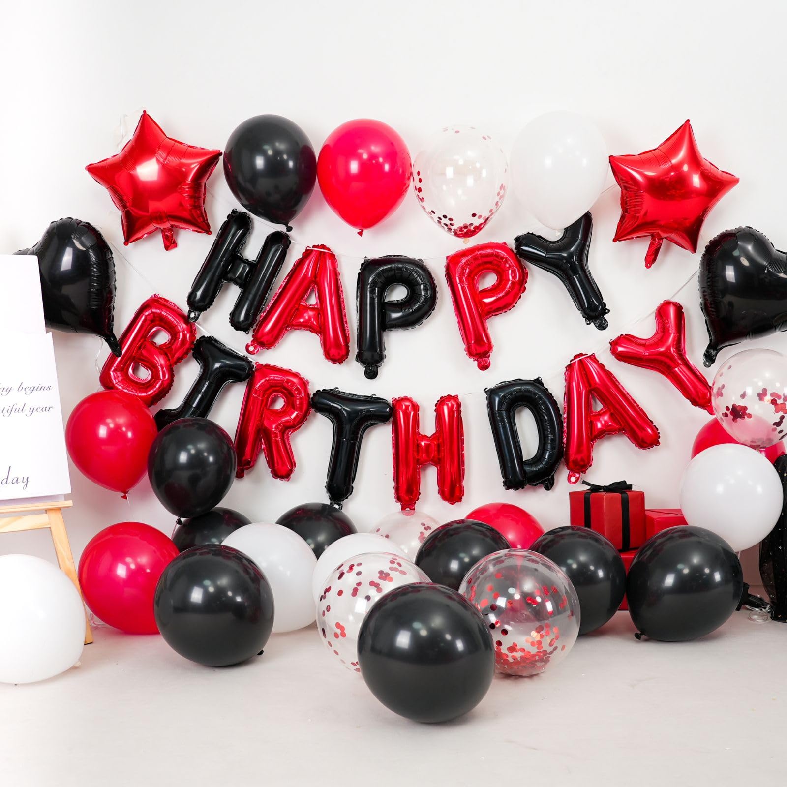 BTZO Black Red Birthday Decorations - 25 Balloons, Star & Heart Foils, Happy Birthday Banner