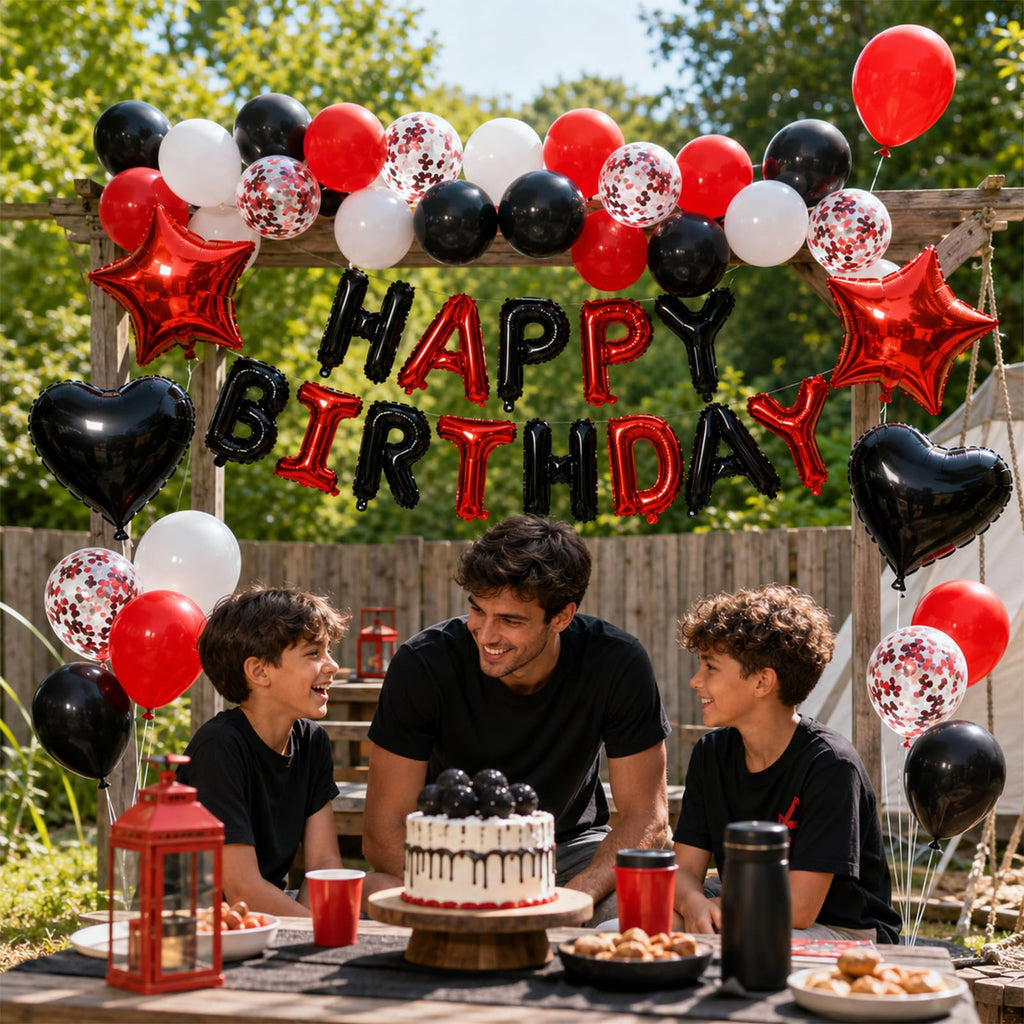 BTZO Black Red Birthday Decorations - 25 Balloons, Star & Heart Foils, Happy Birthday Banner