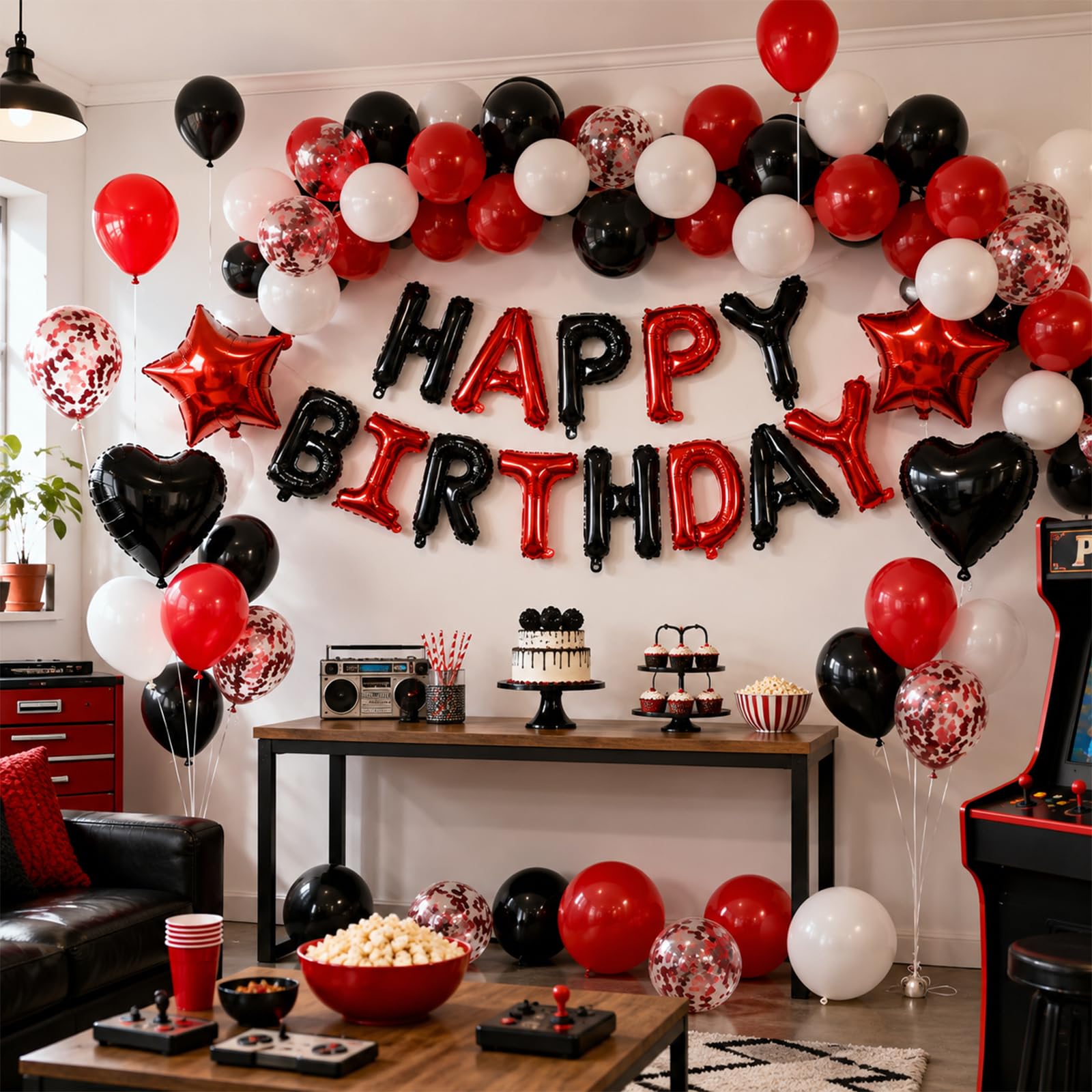 BTZO Black Red Birthday Decorations - 25 Balloons, Star & Heart Foils, Happy Birthday Banner
