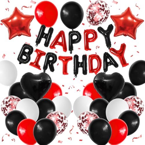 BTZO Black Red Birthday Decorations - 25 Balloons, Star & Heart Foils, Happy Birthday Banner
