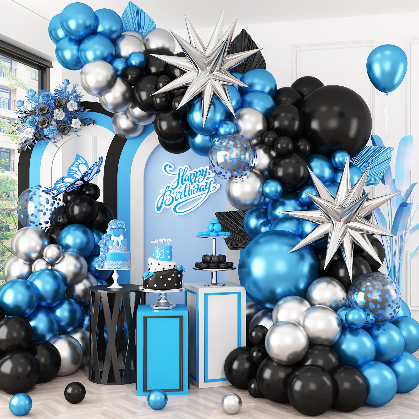 BTZO Blue Silver Black Balloon Arch Kit with Confetti Star Foil – 112-Piece Party Decor Set for Graduation, Baby Shower, Birthday, Anniversary & Retirement