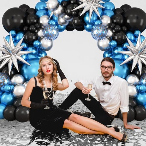 BTZO Blue Silver Black Balloon Arch Kit with Confetti Star Foil – 112-Piece Party Decor Set for Graduation, Baby Shower, Birthday, Anniversary & Retirement