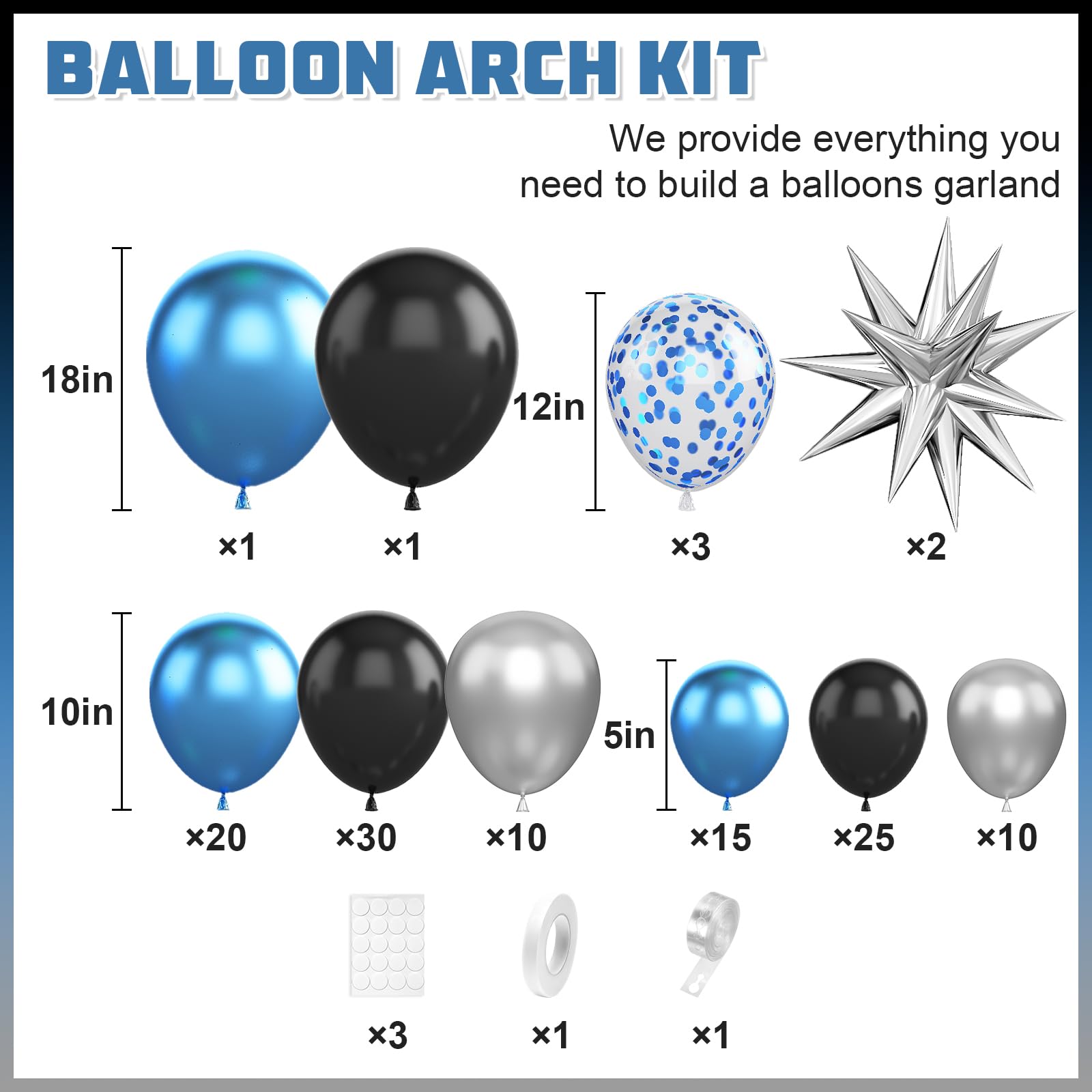 BTZO Blue Silver Black Balloon Arch Kit with Confetti Star Foil – 112-Piece Party Decor Set for Graduation, Baby Shower, Birthday, Anniversary & Retirement